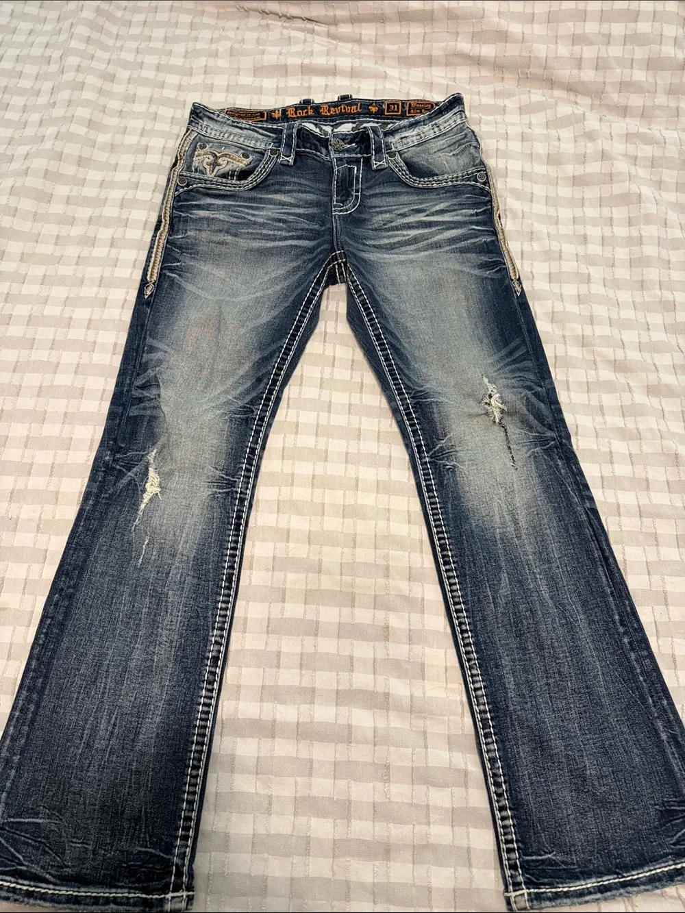 Rock Revival Dark Blue Denim Jeans with Gold Embroidered Pocket
